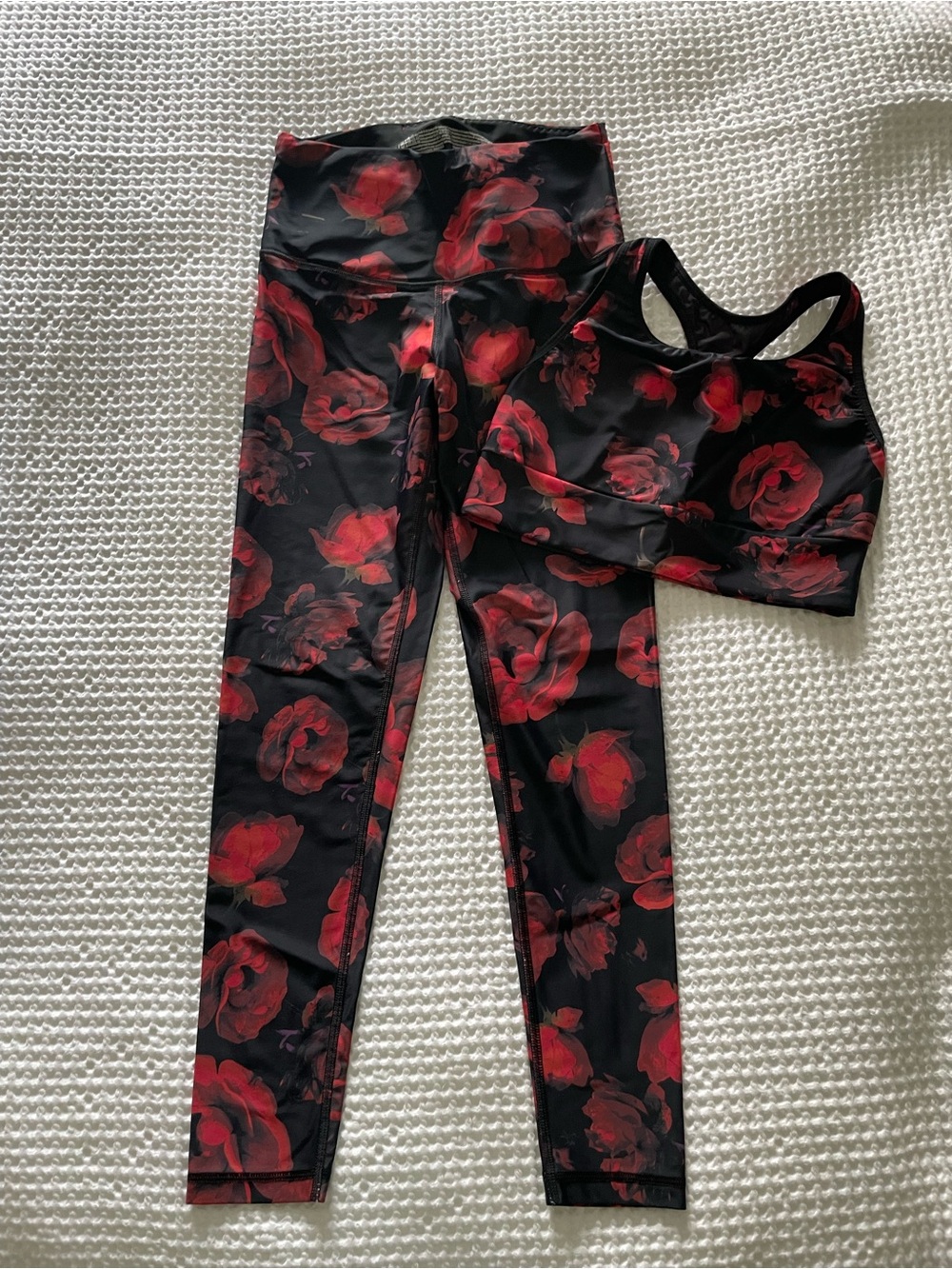 Victoria’s Secret Sports Bra & Leggings Set with Red Rose Print